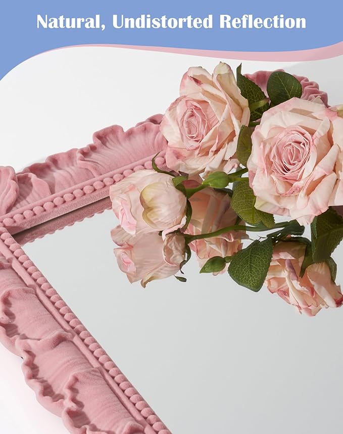 Cute Wall Mirror for Small Apartment Decor Aesthetic, with Velvet-Like Touch, 14x12 Girl Teens Bedroom Mirror for Makeup Gallery Wall Art, Gift for Birthday Graduation Baby Shower (Soft Pink)