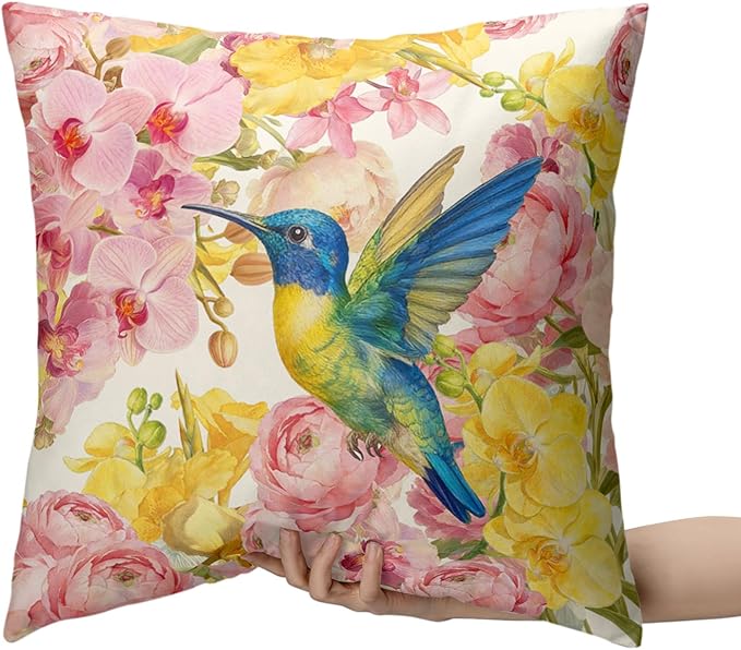 Spring Pillow Covers 20x20 Set of 2 Hummingbird Throw Pillow Covers Pink Yellow Moth Orchid Buttercup Floral Pillow Case for Home Decor Couch Sofa
