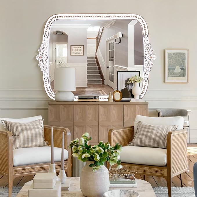Wooden Baroque Wall Mirror: 30x42 Inch Rustic Farmhouse Mirror - Ornate Decorative Mirrors for Fireplace, Living Room, Bedroom, Entryway, Bathroom - Vertical/Horizontal