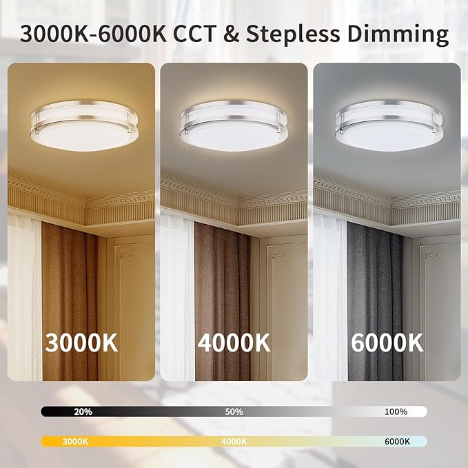 Flush Mount Ceiling Light with Remote: 2 Pack16 Inch Lights fixture, 3000K-4500K-6000K Adjustable 3 Color Temperature, Dimmable Lighting Fixtures for Kitchen Bedroom Hardwired Installation (Silver)
