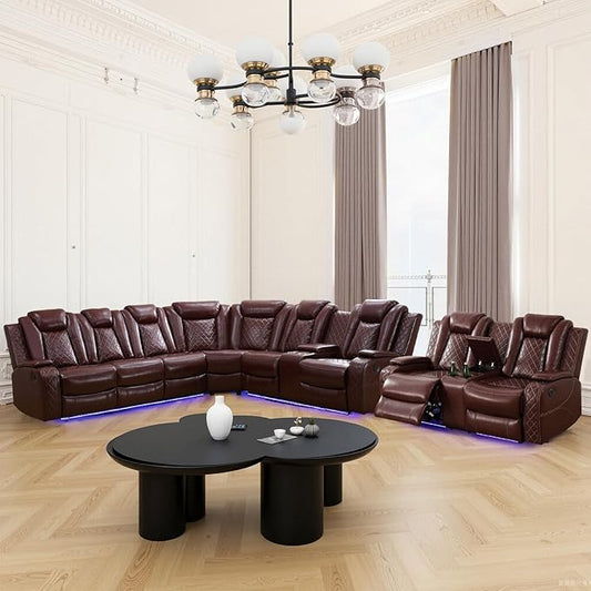 Power Reclinier Sectional Sofa Set,Brown Red Leather Reclining Sectional Modular Sofa with Loveseat,L Shaped Leather Couch with LED Light for Living Room/House/Apartment/Lounge(L+Loveseat)