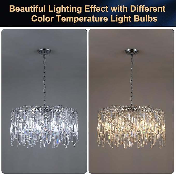 Crystal Chandelier, 24" Modern Round Chandelier for Dining Room, K9 Large 8-Light Crystal Pendant Fixtures Raindrop Luxury Pendant Ceiling Light Chrome for Entryway Foyer Staircase