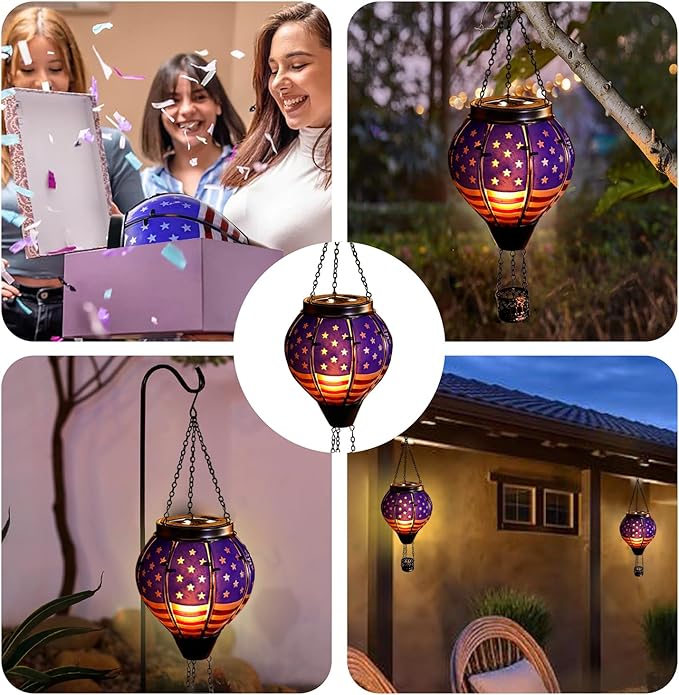 Hot Air Balloon Outdoor Solar Lantern with Flickering Flame, Hanging Light Waterproof for Garden Patio Yard Party Porch Decor, Solar Glass Lamp for Outside Decorative Gifts (Flag)