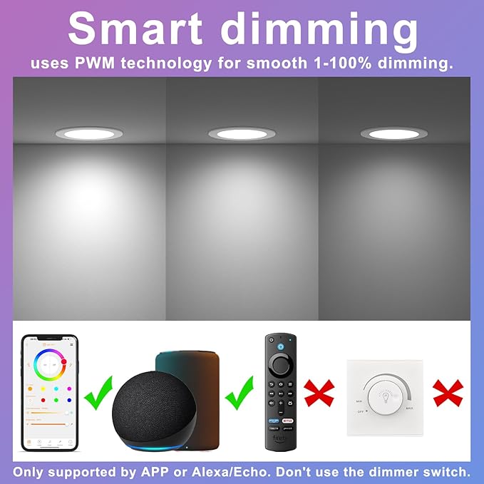 Smart Recessed Lighting 6 Inch RGBCW Color Changing 16W LED Downlight with Junction Box,1350 Lumen Recessed Ceiling Light Compatible with Alexa,Dimmable by Bluetooth Control -6Pack