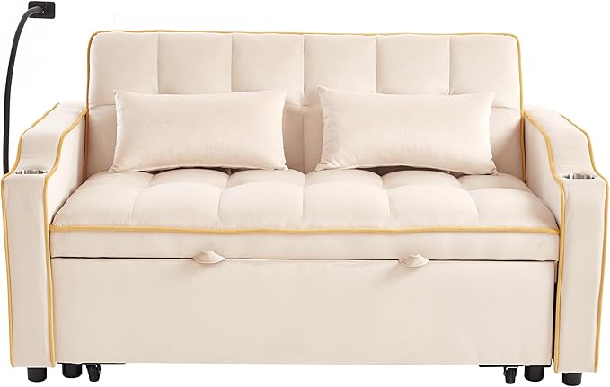 Convertible Sofa Bed, 3 in 1 Futon Sofa Bed with USB Charging Ports, Cup Holder, Phone Stand & Pocket, Modern Upholstered Sleeper Sofa for Living Room, Apartment or Small Space (Beige-L)