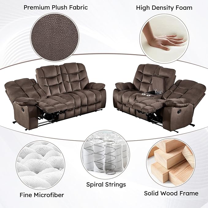 HAOMARKETS 2-Piece Recliner Sofa Couch Set, Include Single Power Electric Recliner Chair with Massage& Heat and 3-Seater Manual Reclining Sofa for Living Room Bedroom, Brown
