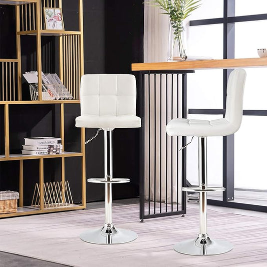 COSTWAY Adjustable Bar Stools Set of 4, Modern Swivel PU Leather Bar Chair with Backrest, Soft Cushioned Seat, Footrest, Sturdy Metal Frame, Comfortable Barstools for Kitchen Island, Pub, White