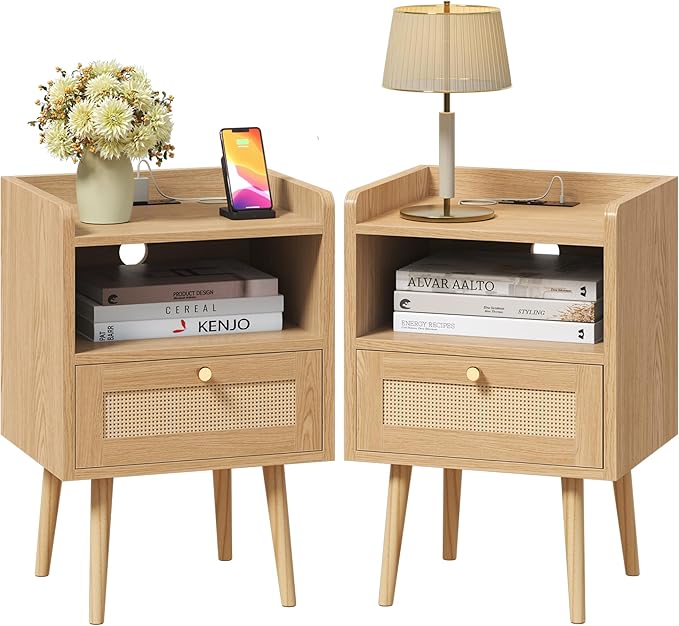Night Stand Set 2, Nightstands Set of 2 with Charging Station, Rattan Side Tables with Solid Wood Legs, Boho Bedside End Table for Farmhouse Bedroom Dorm Small Space - Natural