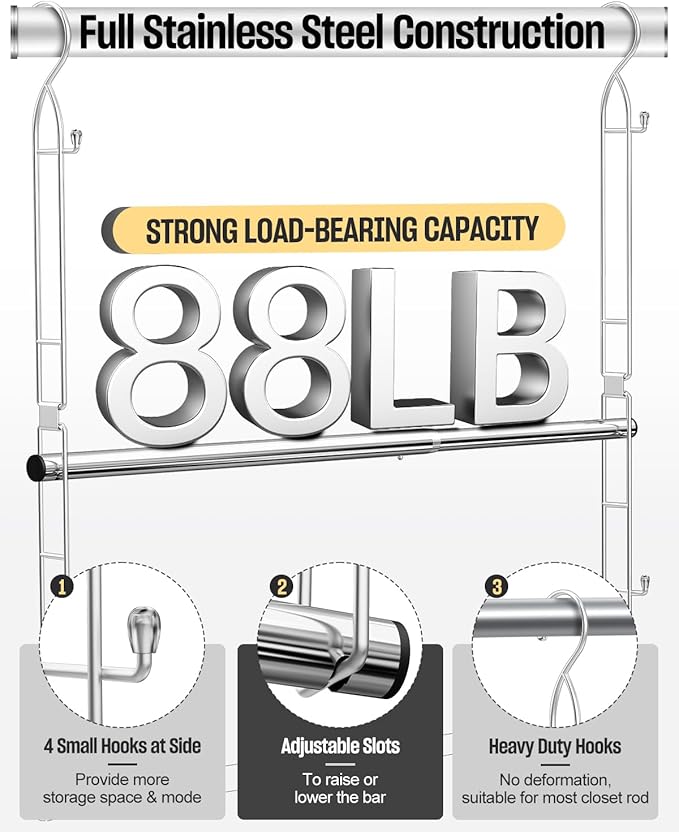 Hanging Closet Rod Stainless Steel, 2 Pack Adjustable Height & Width Closet Rod Extender, Space-Saving Closet Hanging Storage Organizer，Load up to 88LB