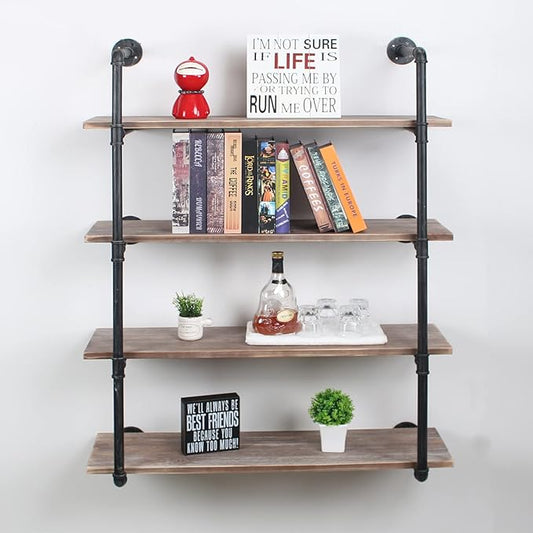 MBQQ Industrial Pipe Shelving Wall Mounted,44in Rustic Metal Floating Shelves,Steampunk Real Wood Book Shelves,Wall Shelf Unit Bookshelf Hanging Wall Shelves,Farmhouse Kitchen Bar Shelving(4 Tier)