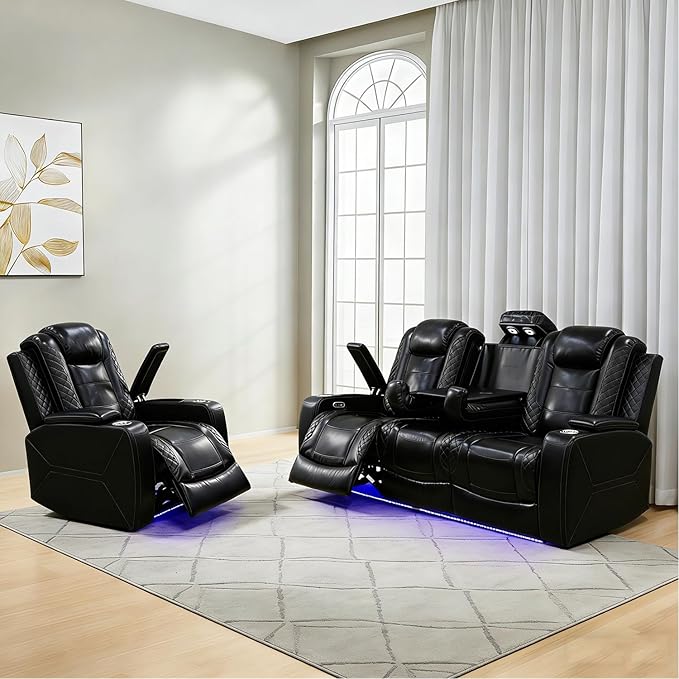 Power Reclining Sofa Set for Living Room, Leather Recliner Couch and Chair with Drop-Down Table, Power Pads, Reading Lights for House/Home Teather(Sofa and Chair, Black)