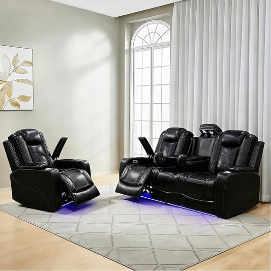 Power Reclining Sofa Set for Living Room, Leather Recliner Couch and Chair with Drop-Down Table, Power Pads, Reading Lights for House/Home Teather(Sofa and Chair, Black)
