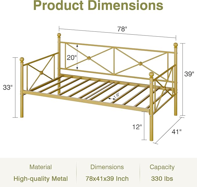 VECELO Daybed Twin Size, Day Bed Frame with Headboard, Heavy-Duty Metal Slats Support Platform for Living Room, Guest Room, Easy Assembly, Gold