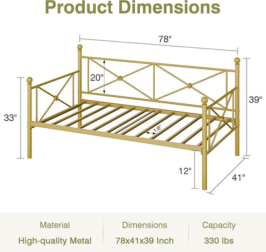 VECELO Daybed Twin Size, Day Bed Frame with Headboard, Heavy-Duty Metal Slats Support Platform for Living Room, Guest Room, Easy Assembly, Gold