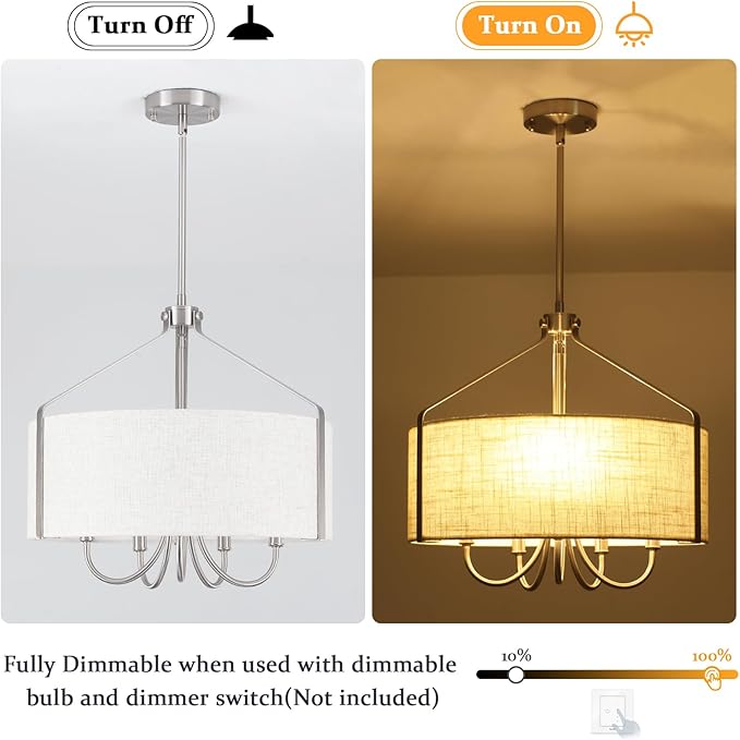 5-Light Modern Drum Chandelier for Dining Room 18" Farmhouse Pendant Light with Linen Lampshade – Brushed Nickel Chandelier for Kitchen Island, Living Room, Bedroom, Entryway & Foyer