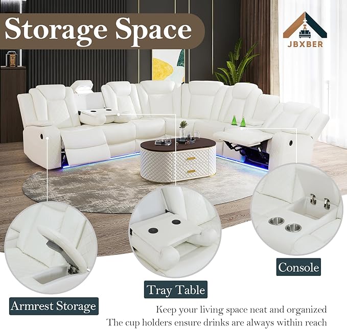 Power Recliner Sectional Sofa Set for Living Room, Leather Recliner Sofa Sets, L-Shaped Corner Sectional Couch Sets with LED Lights, Console Storage(Sectional and Chair,Cream)
