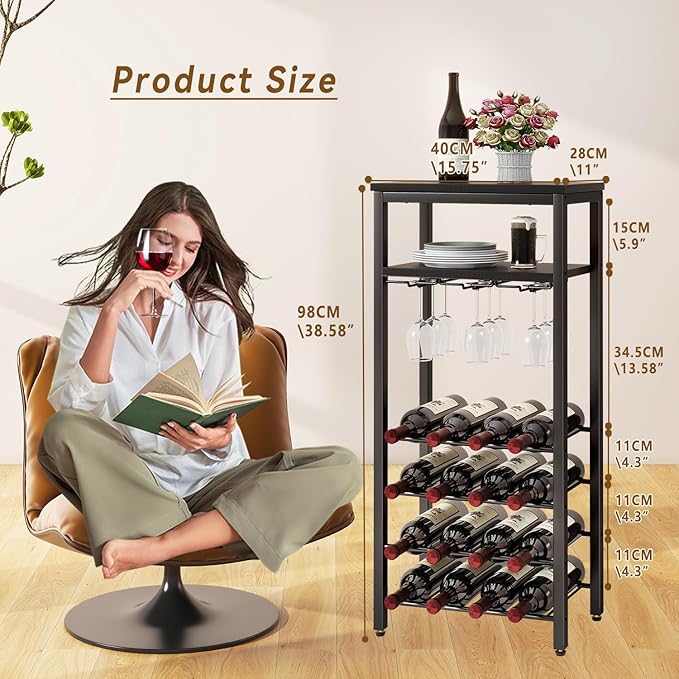 IBUYKE Wine Racks Freestanding Floor,Liquor Bottle Holder,16 Bottles Wine Cabinet with Glass Holder,Wine Holder Display,Mini Wine Bar Table for Living Room,Kitchen Pantry,Dining Room,Black UTMJ907B