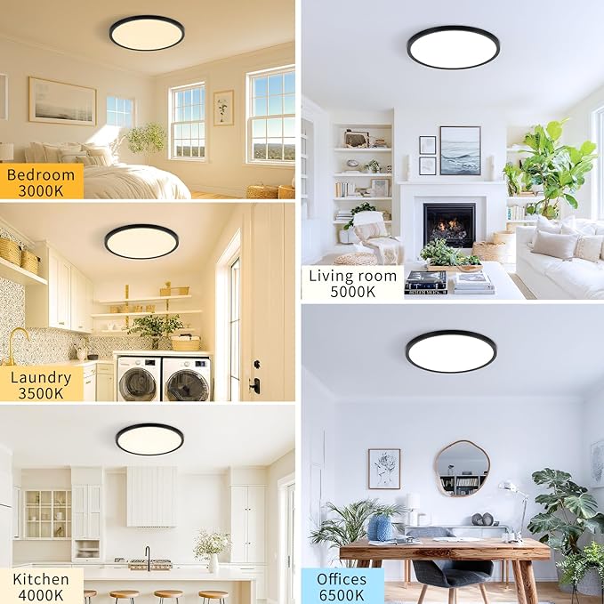 14.9 Inch 4PK LED Flush Mount Ceiling Light, ETL ,32W, 3343LM, 3000K/3500K/4000K/5000K/6500K CCT Selectable, 0.66in Ultra Thin Round Flat Panel Ceiling Light Fixture for Bedroom, Kitchen, (Black)