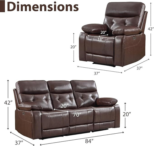 CANMOV Genuine Leather Power Recliner Sofa Set,Two Power Recliner Chair and Sofa Set, 3 Pieces Leather Couch with Hidden Cup Holders, USB Ports, for Living Room, Dark Brown