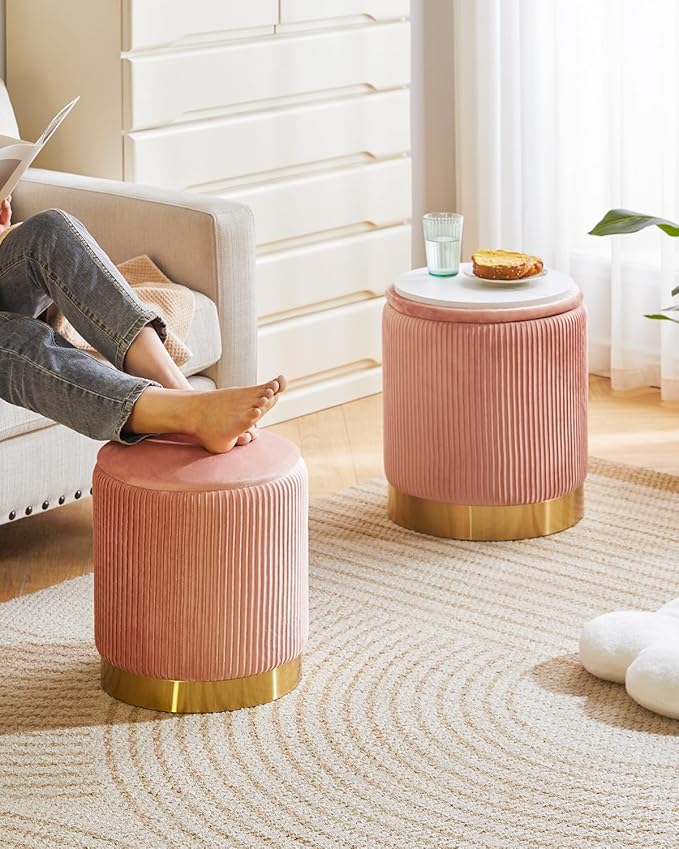 IBUYKE Round Storage Ottoman Set of 2 Ottoman for Dorm Vanity Stool with Storage Velvet FootStools End Table Boucle Ottoman for Home Organization Pink UWBD016P
