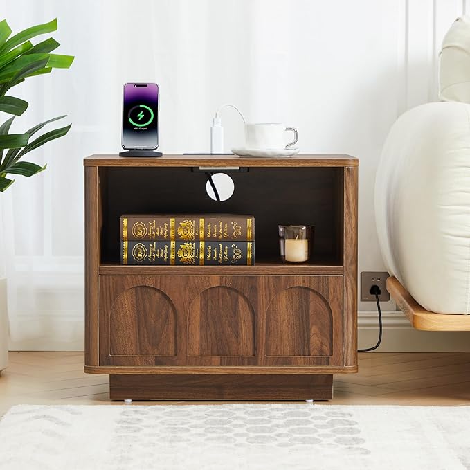 Small Nightstand with Charging Station, Accent Bedside Nightstand with Drawer, Mid Century Modern Bedroom Side Bed Table with Storage for Dorm, Living Room, Couch Sofa Chair, Office - Walnut
