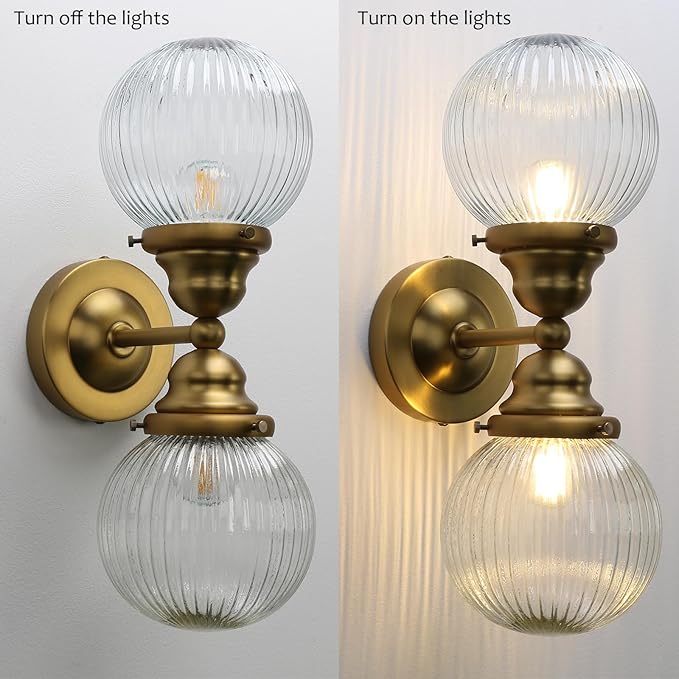 Pathson 2 Lights Striped Glass Wall Sconces, Modern Bathroom Sconces Wall Vanity Light Fixtures Brass Finish, Vintage Wall Sconce Lamp for Living Room Bedroom Farmhouse Lighting