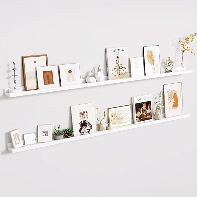 Fun Memories Long Wall Shelves Set of 2-72 Inch Floating Shelves for Wall - Picture Ledge Shelf with Lip for Storage - Wall - Mounted Shelves for Bedroom - Living Room - Kitchen - White Color