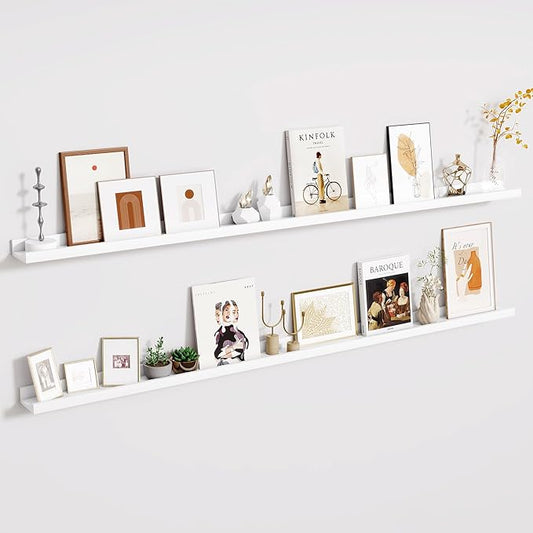 Fun Memories Long Wall Shelves Set of 2-72 Inch Floating Shelves for Wall - Picture Ledge Shelf with Lip for Storage - Wall - Mounted Shelves for Bedroom - Living Room - Kitchen - White Color
