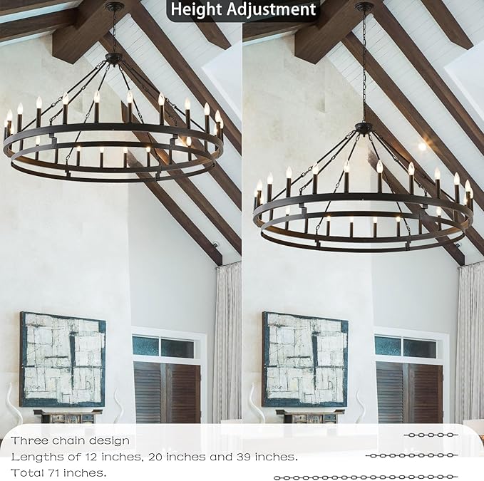 53 inch Large Black Wagon Wheel Chandelier,Farmhouse Industrial Country Style Round Pendant Light Fixture,Round Ceiling Light fixtures for Outdoor Porch high Ceilings Living Foyer Entryway