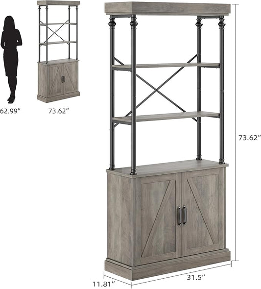 IDEALHOUSE Tall Bookshelf with Doors 73.62in Industrial Storage Open Rack Shelf with Cabinet Wood and Metal Bookcase Farmhouse Bookshelves Large Vintage Display Rack Home Office