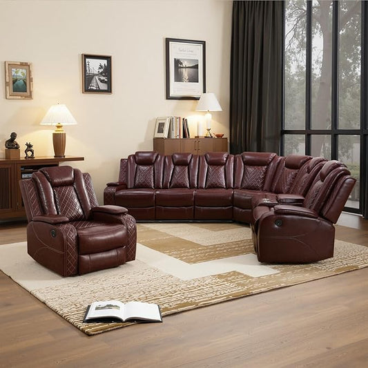 Power Recliner Sectional Couch with LED, Leather Reclining Sofa for Living Room, Muti-Functional Recliner Corner Sofa with Storage Console/Cup Holders/USB Ports (Dark Red, SECTIONAL+Chair)