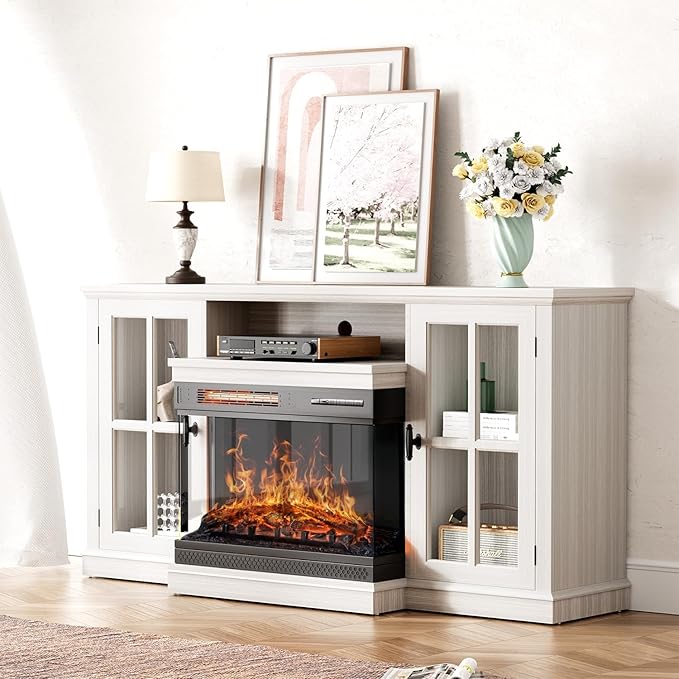 YESHOMY Glass Fireplace TV Stand for TVs up to 65 Inch, Media Entertainment Center with Storage, White Wash