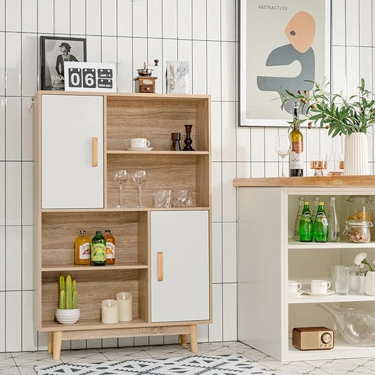 Giantex Storage Cabinet with Legs, Floor Cabinet with Doors, Shelves, Anti-Tipping Device, 4-Tier Bookshelf for Books & Photos, Tall Cupboard in Living Room, Kitchen Buffet Sideboard