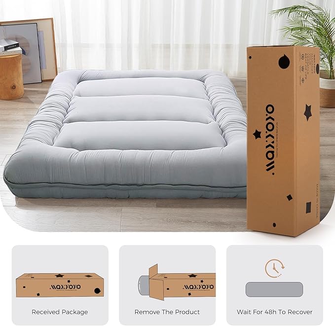 MAXYOYO 6" Extra Thick Japanese Floor Mattress Futon Mattress, Foldable Mattress Tatami Pad Floor Mattress for Adults Floor Bed Roll Up Mattress Guest Mattress, Grey, Queen