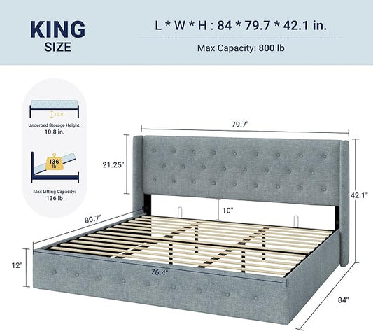 Allewie King Size Lift Up Storage Bed, Button Tufted Headboard with Wingback, Hydraulic Support, No Box Spring Needed, Grey Blue