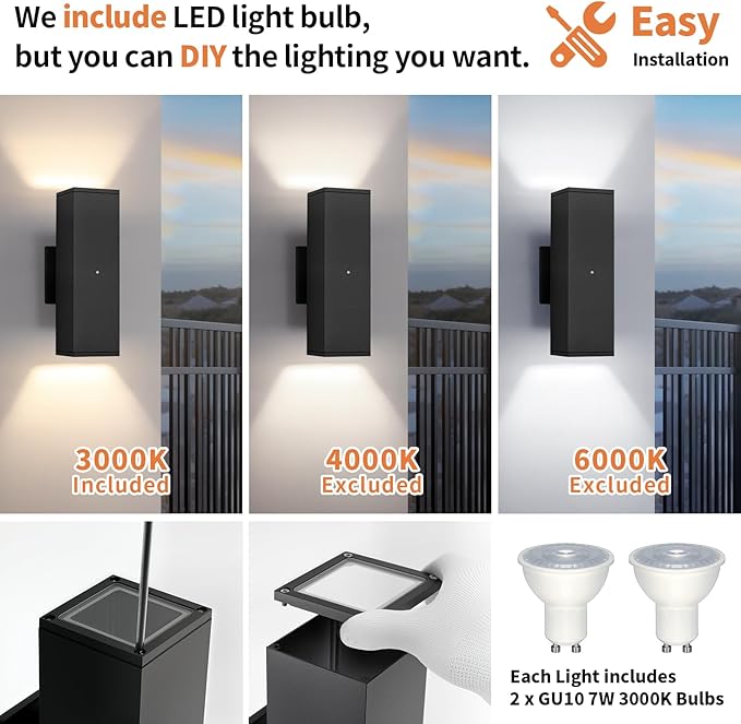 Dusk to Dawn Outdoor Lighting, LED Square Up and Down Outdoor Sconce Lights, Matte Black Exterior Lighting Fixtures with 7W LED Bulbs, Front Porch Lights for house, Garage, Patio, Doorway, 6 Pack
