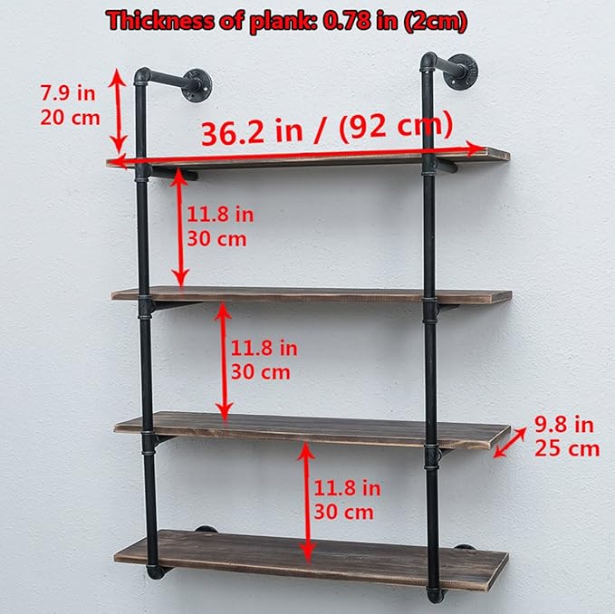 Industrial Pipe Shelving Wall Mounted,36in Rustic Metal Floating Shelves,Steampunk Real Wood Book Shelves,Wall Shelf Unit Bookshelf Hanging Wall Shelves,Farmhouse Kitchen Bar Shelving(4 Tier)