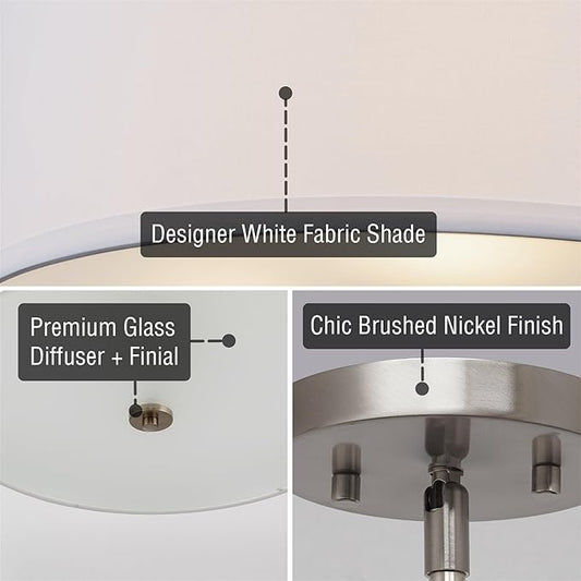 Kira Home Nolan 18" Classic 3-Light Drum Pendant Chandelier, White Fabric Shade + Round Glass Diffuser, Adjustable Height, Brushed Nickel Finish
