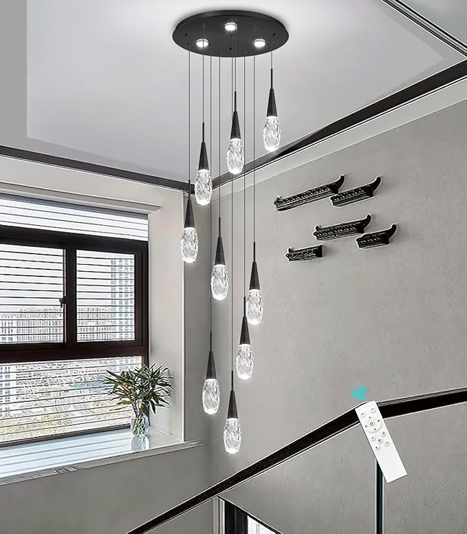 118 Inches Long Chandelier Adjustable Hanging Lights Modern Glam Crystal Ceiling Pendant Dimmable Lighting Fixture for Hallway Foyer Living Room Black