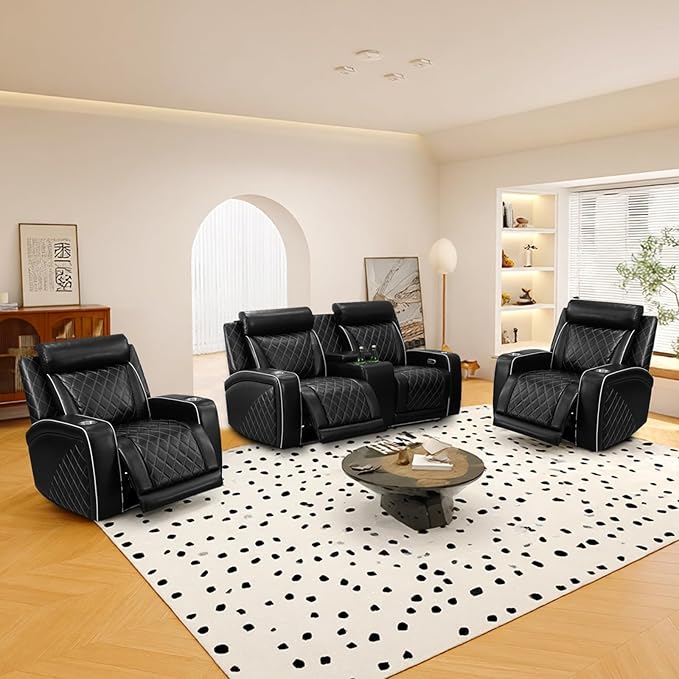Power Recliner Sofa Set, Breathing Leather Reclining Couch Set, Leather Loveseat and 2 Recliner Chairs Set with LED Lights/Charging Ports/Storage for Home/Office (Black New, Loveseat+2 Chairs)