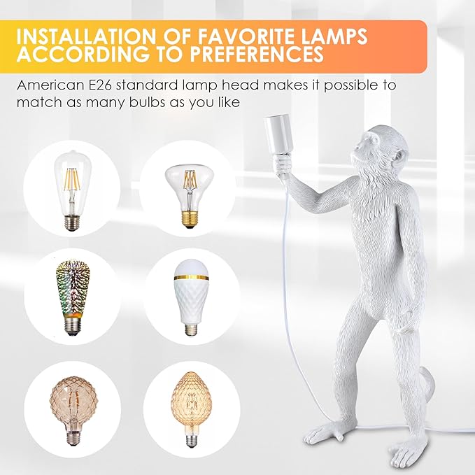 Modern Resin Standing Monkey Table Lamp,Desk Lamp,Animal Lamp,Bedside LED Light for Home Decor,Living Room, Bedroom, Home Office, Kids Room(White-Standing)