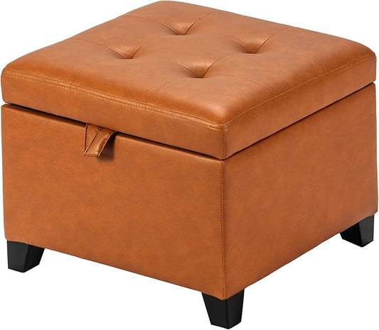 Adeco Faux Leather Storage Ottoman, 17.5" Square Cube Footrest with Lift Top Lid for Blankets, Upholstered Vanity Stool & Entryway Shoe Bench for Living Room, Bedroom, Warm Orange