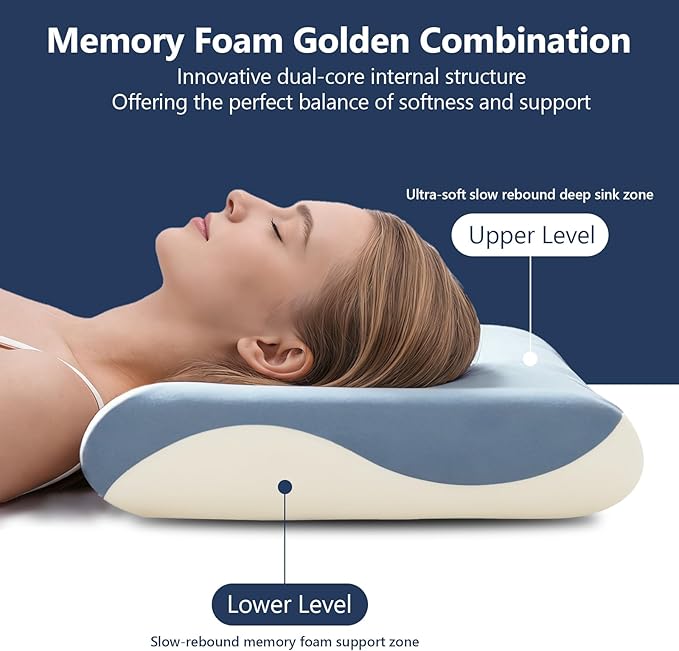 Memory Foam Pillow, Cooling Contour Bed Pillow for Sleeping, Medium Firm Neck & Shoulder Support, Double-Sided Design for All Seasons, Washable Cover (White Upgrade, 16 × 28 × 4 in)