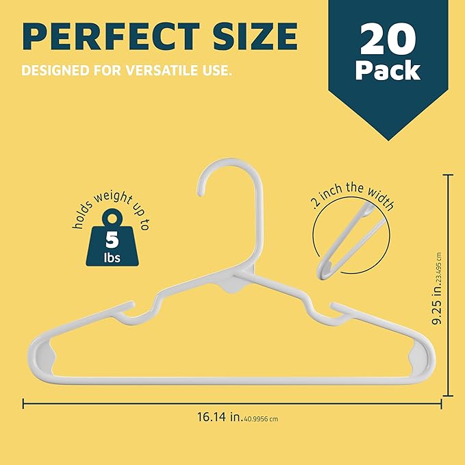 Lifemaster Plastic Kids Clothes Hanger – Children Clothes Hanger with Shoulder Notch, 11.6 Inch Space-Saving Closet Organizer for Baby, Toddler, and Kids Clothing, Hold Up to 5 lbs, Pack of 20, White