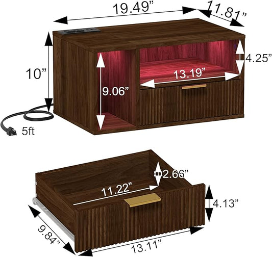 Floating Nightstand with Charging Station and LED Lights, Walnut Brown