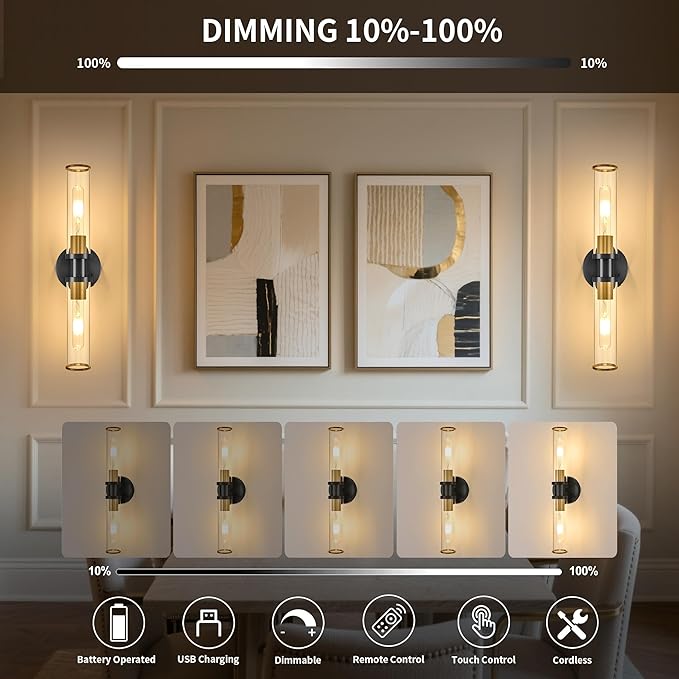 Wireless Wall Sconce with Remote Control, Black Gold Battery Operated Wall Lights, Easy Install Dimmable Rechargeable Sconces Wall Decor Set of 2 for Living Room Bedroom Hallway Stairwell, 3000K