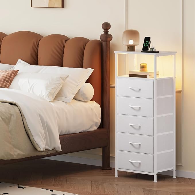 Somdot White Nightstand with Charging Station and LED Light for Bedroom, Tall 5 Drawers Dresser with Fabric Bins for Bedside Kids Dorm Room Closet Laundry Entryway, White Leather