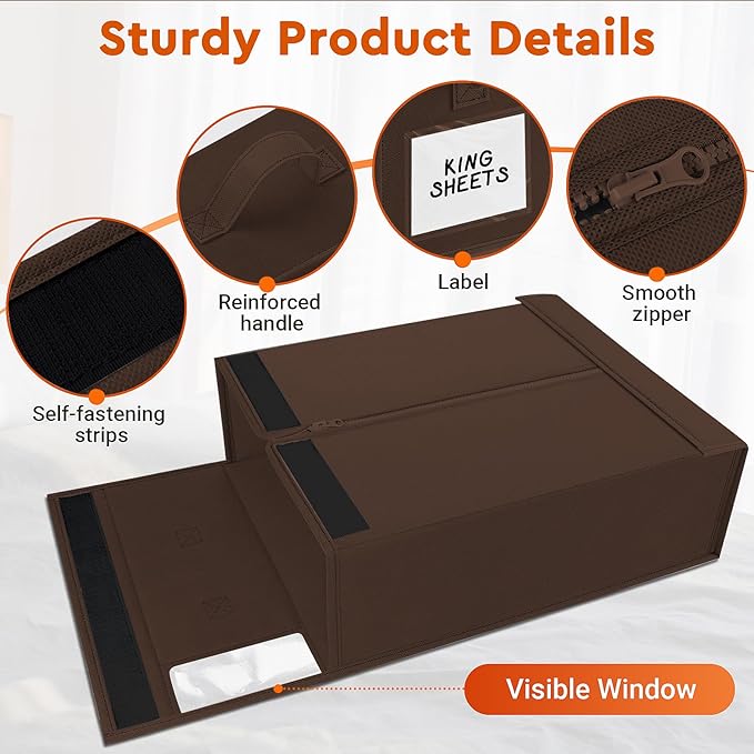 2 Pack Bed Sheet Closet Organizers and Storage,Sturdy Foldable Storage Containers with Window and Label,Storage and Organization for Bedding Sheets,Duvet Covers,Blankets (Brown)