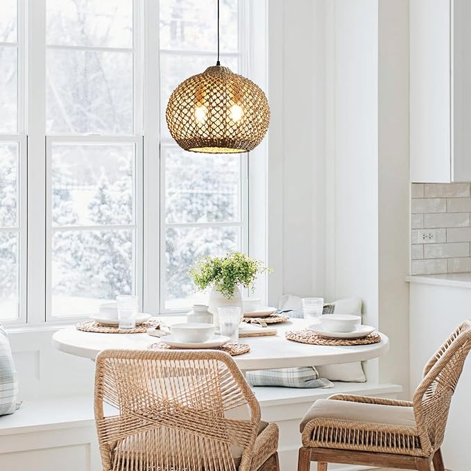 13.79" Rattan Coastal Pendant Light Fixture,Boho 2-Light Kitchen Island Ceiling Hanging Lighting Wicker Hand Woven Farmhouse Chandelier,for Bedroom, Dining Room, Entryway, Foyer