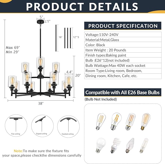 Black Chandelier for Living Room Light Fixture, Large Farmhouse Chandeliers with Clear Glass Shade, Industrial 2-Tier 12 Lights Hanging Lighting for Dining Room Restaurant Villa